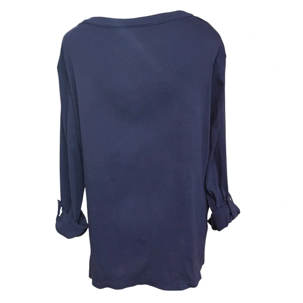 Chico’s Blue Relaxed Fit Henley Blouse | Mandarin Collar 3/4 Sleeve Casual Top
